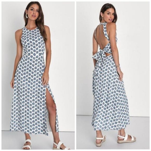 Lulu's Women's White Flirty Fave Floral Print Tie-Back Midi Dress NWT sz L - Picture 1 of 13